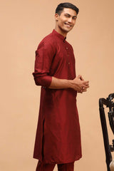 Buy Men's Maroon Viscose Solid Long Kurta Online - Back