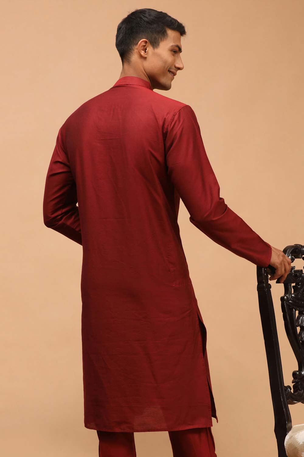 Buy Men's Maroon Viscose Solid Long Kurta Online - Front