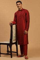 Buy Men's Maroon Viscose Solid Kurta Pajama Jacket Set Online - Back