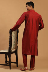 Buy Men's Maroon Viscose Solid Kurta Pajama Jacket Set Online - Front