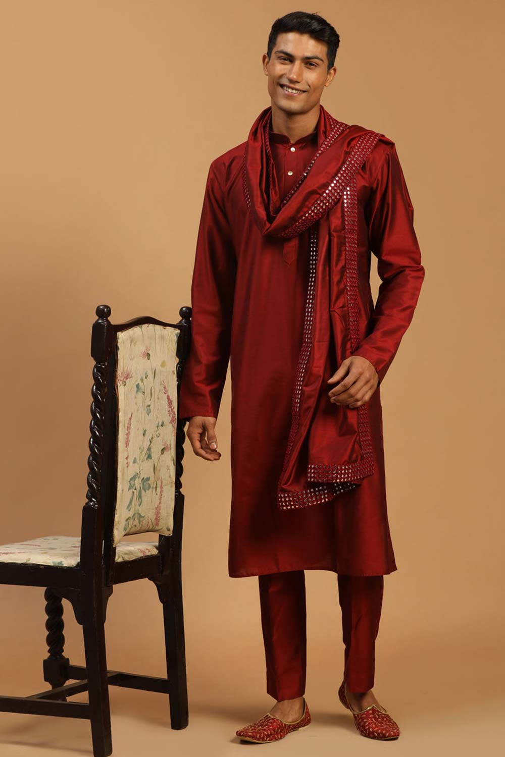 Buy Men's Maroon Viscose Mirror Work Embroidered Kurta Pajama Jacket Set With Dupatta Online