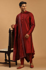 Buy Men's Maroon Viscose Mirror Work Embroidered Kurta Pajama Jacket Set With Dupatta Online - Back