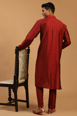 Buy Men's Maroon Viscose Mirror Work Embroidered Kurta Pajama Jacket Set With Dupatta Online - Front