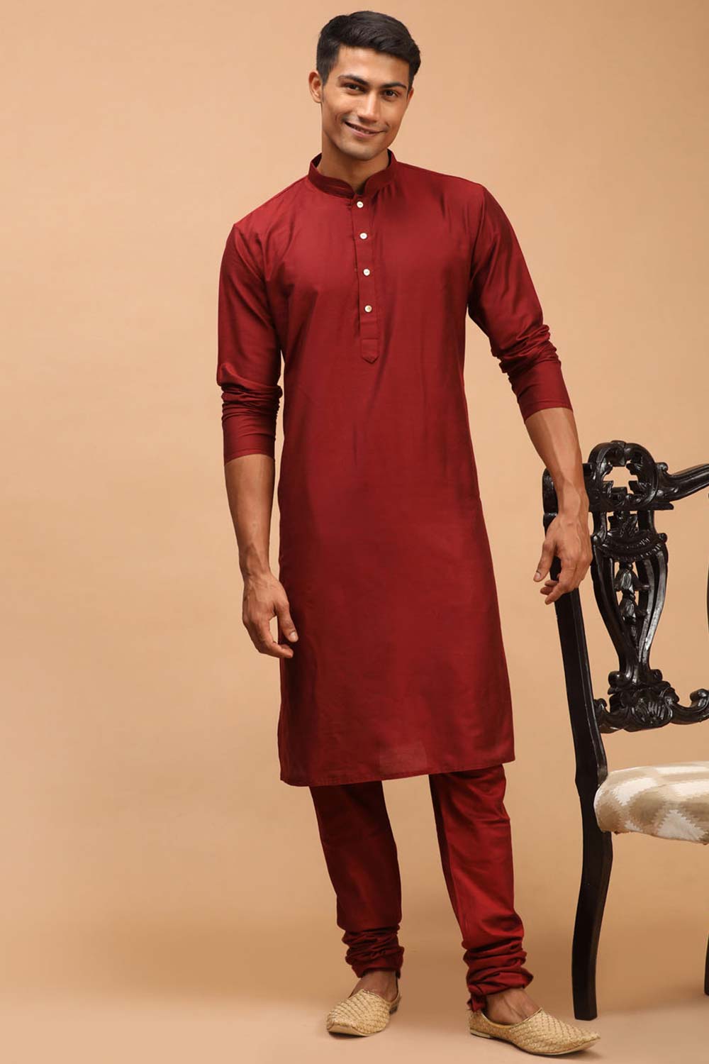 Buy Men's Maroon Viscose Solid Kurta Pajama Jacket Set Online