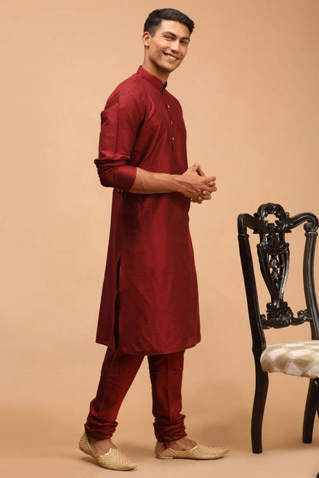 Buy Men's Maroon Viscose Solid Kurta Pajama Jacket Set Online - Back