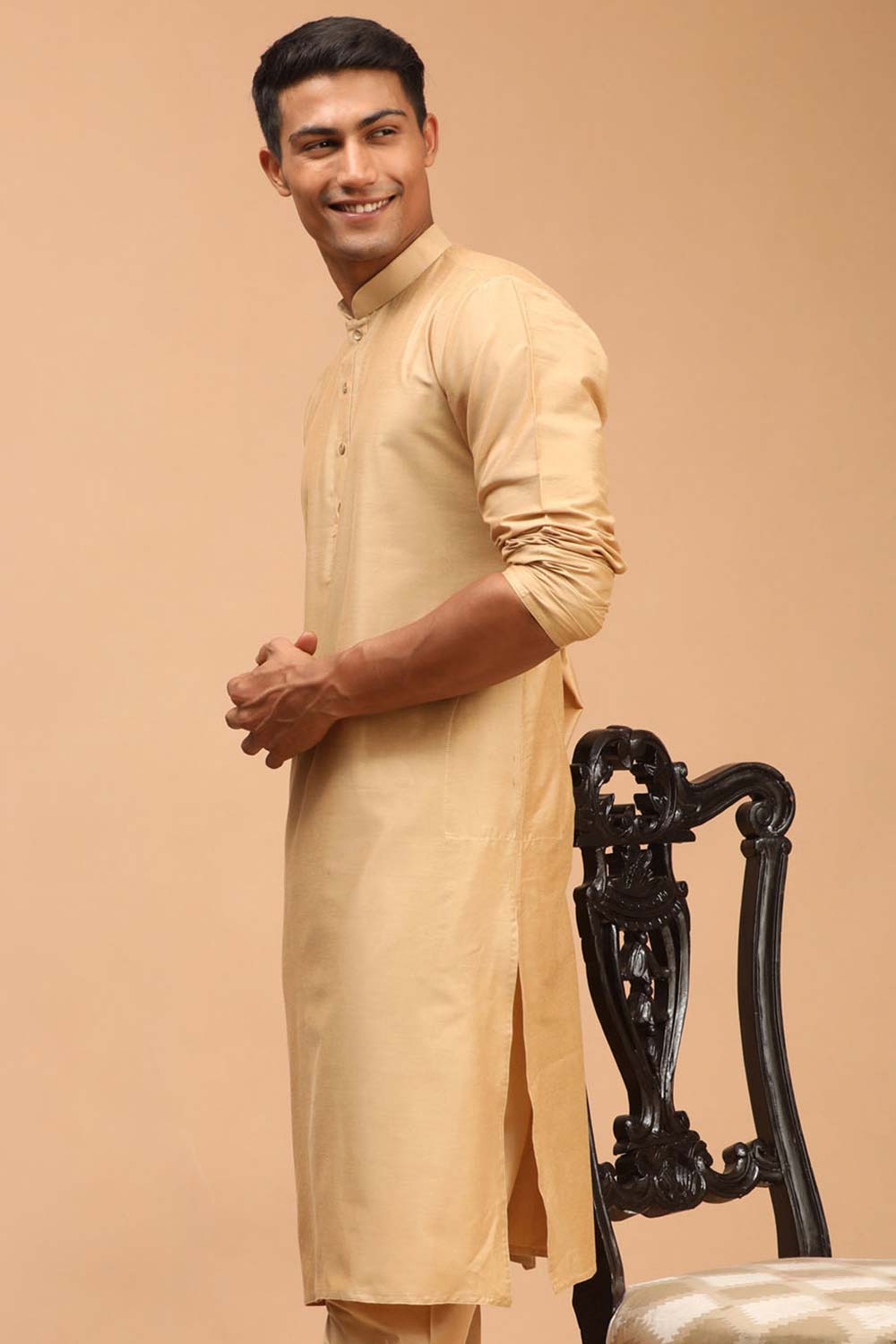 Buy Men's Rose Gold Viscose Solid Long Kurta Online - Back