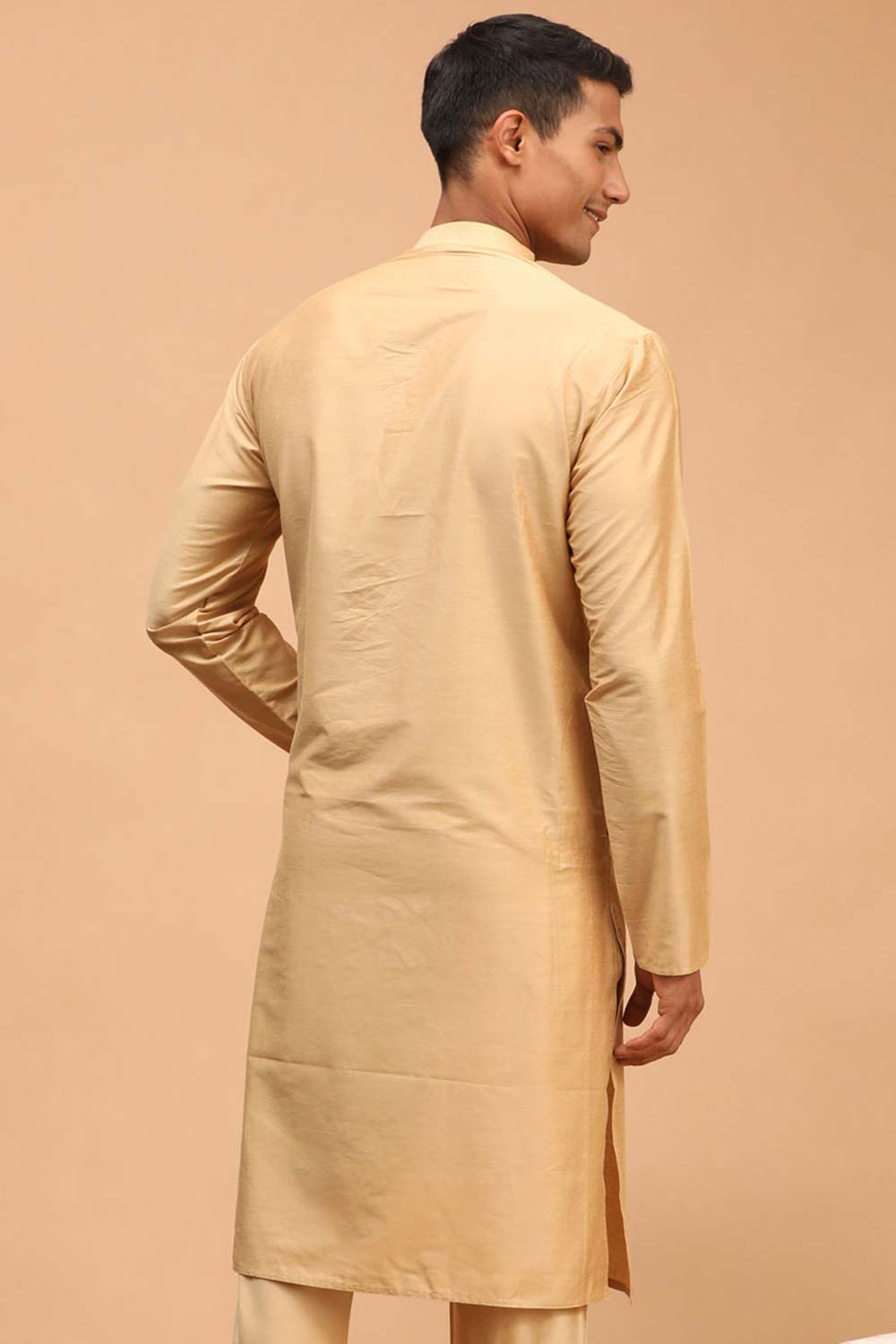 Buy Men's Rose Gold Viscose Solid Long Kurta Online - Front