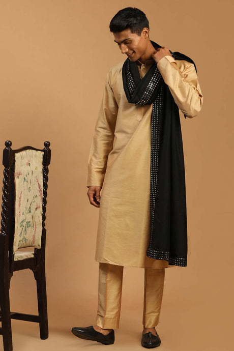 Buy Men's Rose Gold And Black Viscose Mirror Work Embroidered Kurta Pajama Jacket Set With Dupatta Online