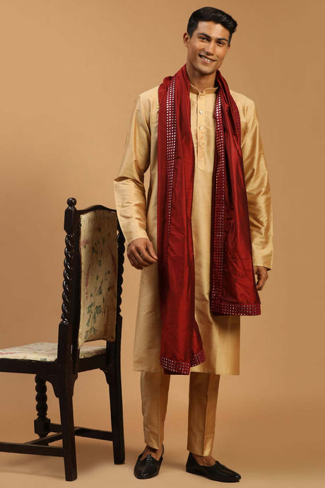 Buy Men's Rose Gold And Maroon Viscose Mirror Work Embroidered Kurta Pajama Jacket Set With Dupatta Online