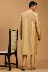 Buy Men's Rose Gold And Black Viscose Mirror Work Embroidered Kurta Pajama Jacket Set With Dupatta Online - Front