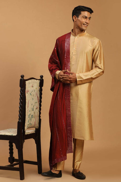 Buy Men's Rose Gold And Maroon Viscose Mirror Work Embroidered Kurta Pajama Jacket Set With Dupatta Online