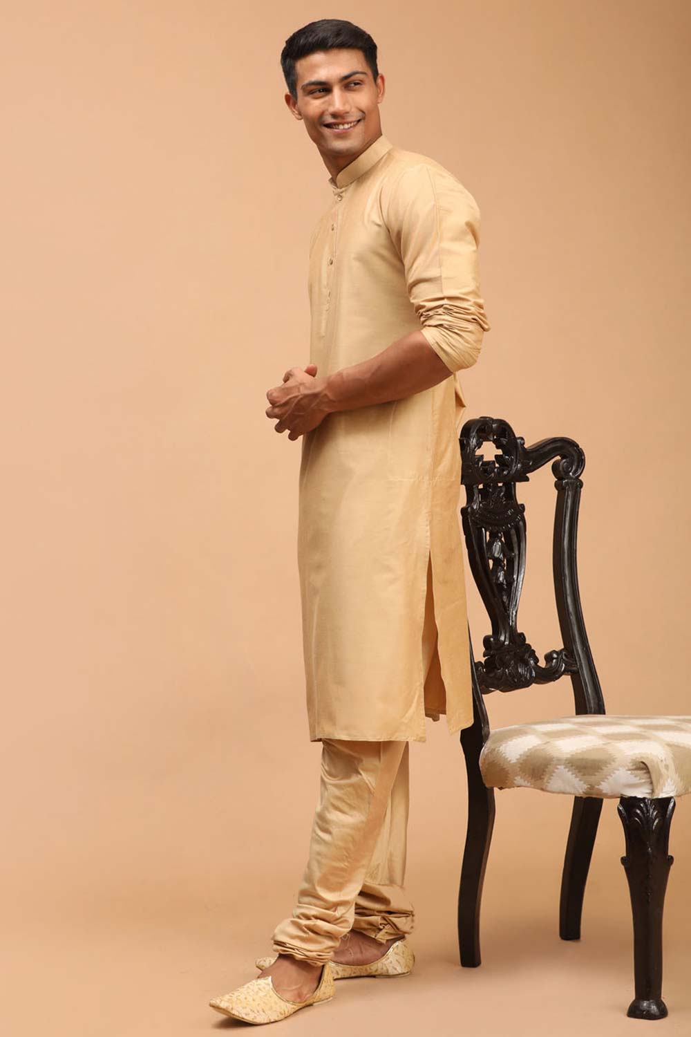 Buy Men's Rose Gold Viscose Solid Kurta Pajama Jacket Set Online - Back