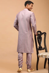 Buy Men's Steel Grey Viscose Solid Kurta Pajama Jacket Set Online - Front