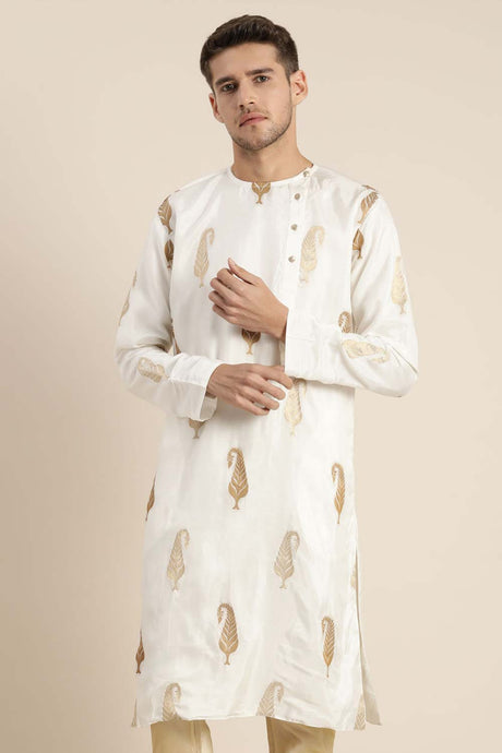 Buy Men's White And Gold Silk Blend Jacquard Weave  Long Kurta Online