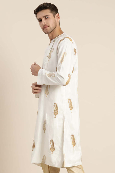 Buy Men's White And Gold Silk Blend Jacquard Weave  Long Kurta Online - Back