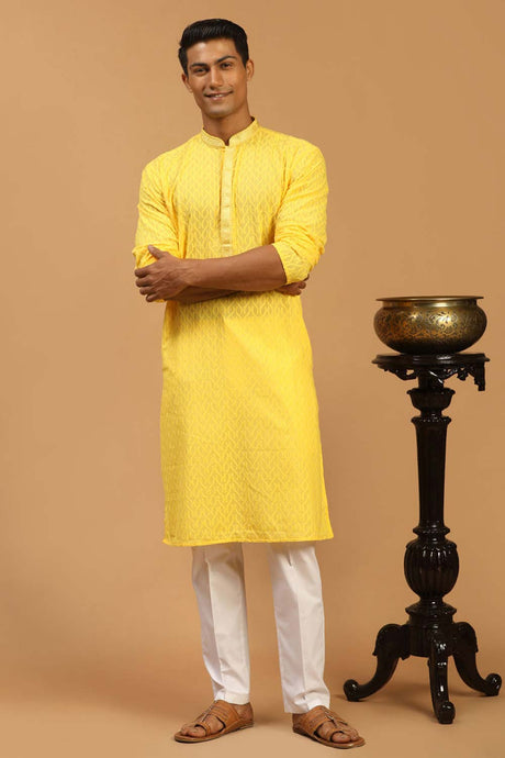 Men's Yellow Cotton Kurta & Pyjama