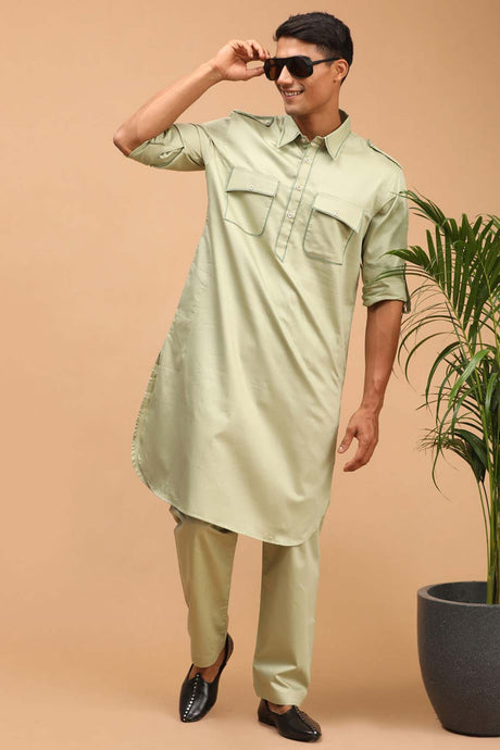 Buy Men's Green Cotton Blend Thread Work Embroidered Pathani Set Online