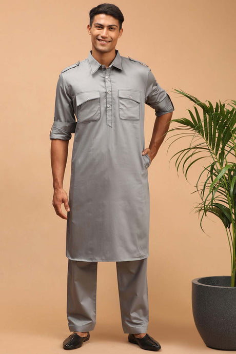 Buy Men's Grey Cotton Blend Thread Work Embroidered Pathani Set Online