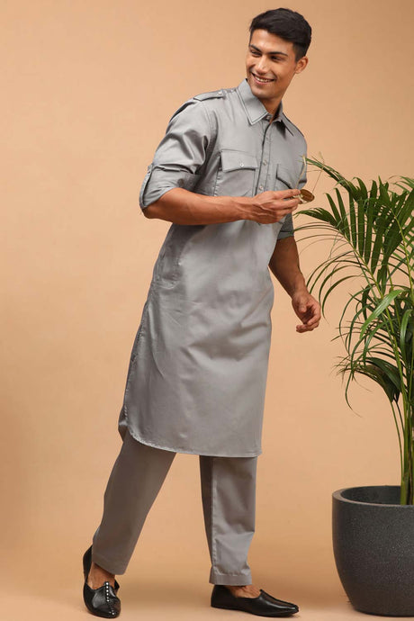 Buy Men's Grey Cotton Blend Thread Work Embroidered Pathani Set Online - Back
