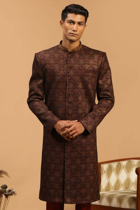 Buy Men's Maroon Silk Blend Jacquard Weave Sherwani Top Only Online