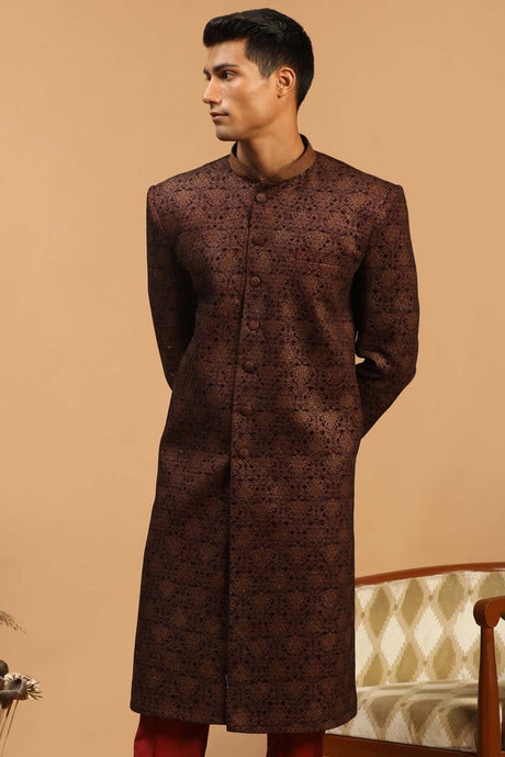 Buy Men's Maroon Silk Blend Jacquard Weave Sherwani Top Only Online - Back
