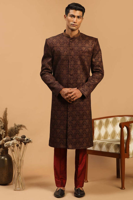 Buy Men's Maroon Silk Blend Jacquard Weave Sherwani Set Online