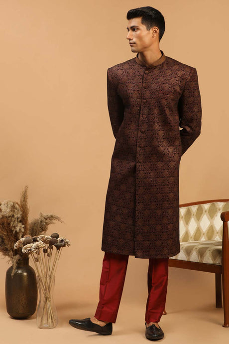 Buy Men's Maroon Silk Blend Jacquard Weave Sherwani Set Online - Back