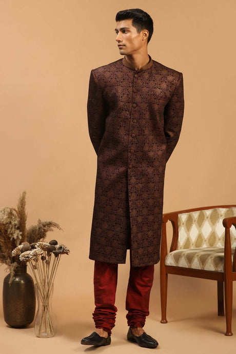 Buy Men's Maroon Silk Blend Jacquard Weave Sherwani Set Online