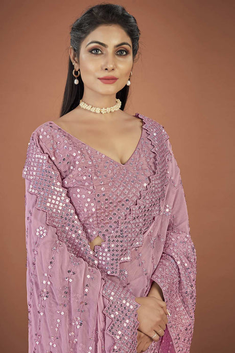 Dark Pink Georgette Sequins Embroidered Saree