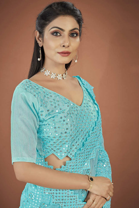 Sky Blue Georgette Sequins Embroidered Saree