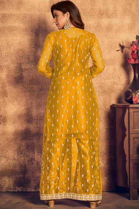 Yellow Net Resham Embroidery Palazzo Suit Set