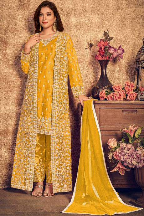 Buy Yellow Net resham embroidery Palazzo Suit Set Online - Front