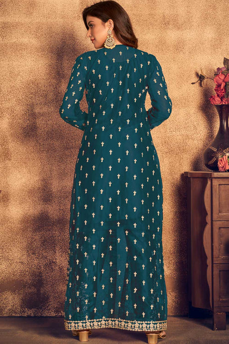 Teal Net Resham Embroidery Palazzo Suit Set