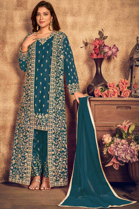 Buy Teal Net resham embroidery Palazzo Suit Set Online - Front