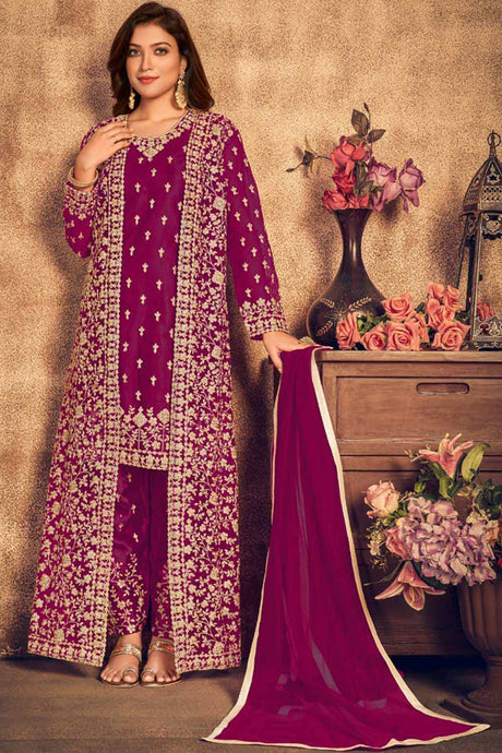 Buy Rani-pink Net resham embroidery Palazzo Suit Set Online - Front
