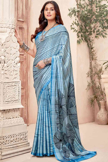 Buy Blue Crepe Abstract Print Saree Online