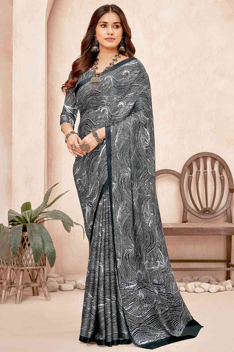 Buy Black Crepe Abstract Print Saree Online