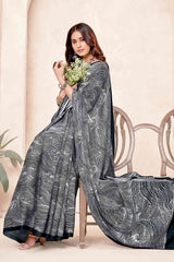 Buy Black Crepe Abstract Print Saree Online - Front