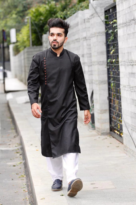 Men's Black Cotton Blend Solid Kurta Set