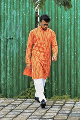 Men's Orange Cotton Blend Printed Kurta Top