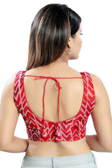 Red Silk Blend Back Open Padded Sleeveless Saree Blouse