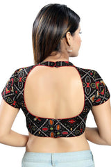 Black Cotton Blend Back Open Padded Short Sleeves Saree Blouse