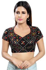 Black Cotton Blend Back Open Padded Short Sleeves Saree Blouse