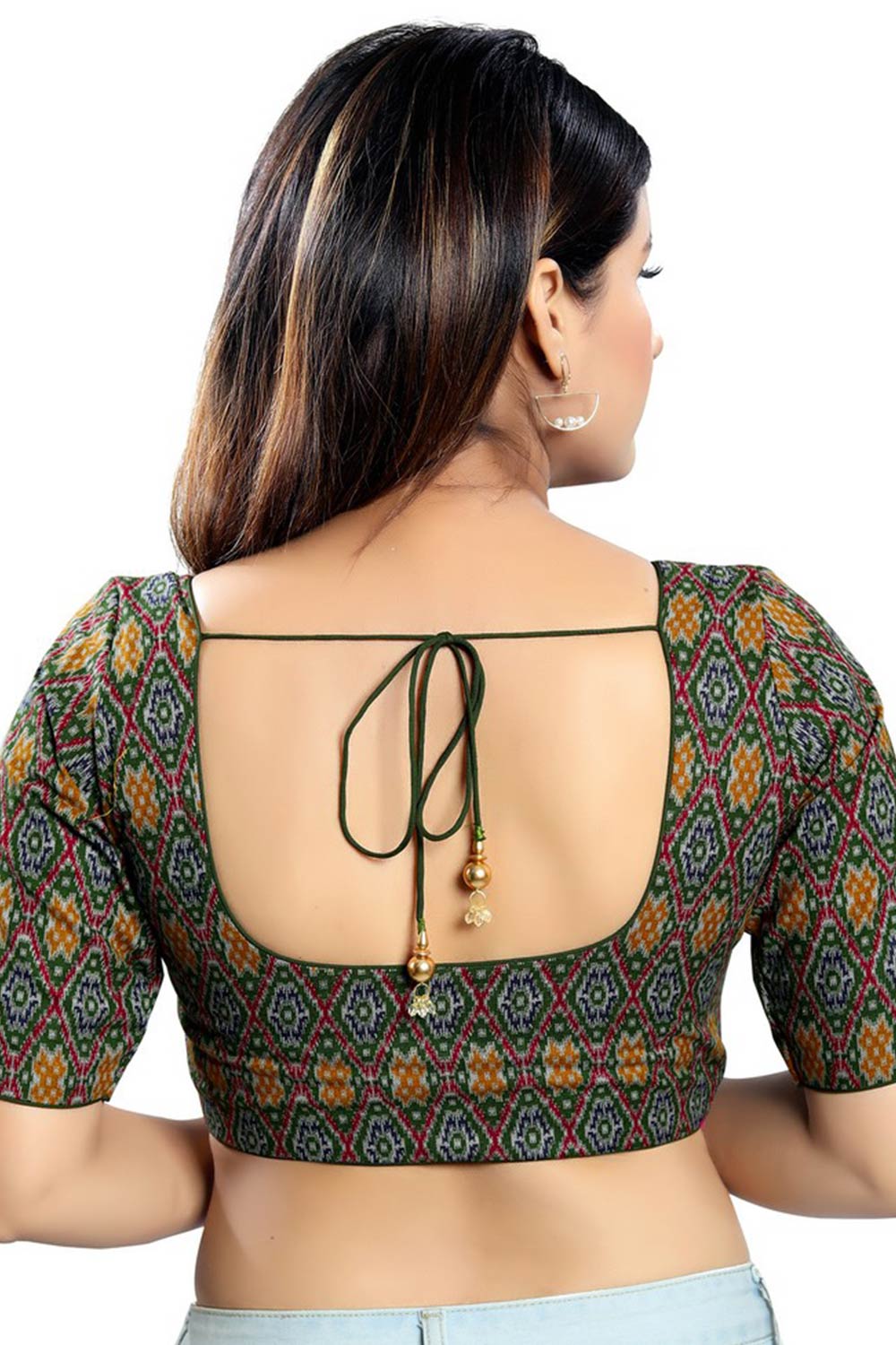 Green Cotton Blend Front Open Padded Elbow Sleeves Saree Blouse