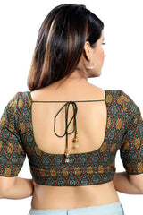 Green Cotton Blend Front Open Padded Elbow Sleeves Saree Blouse