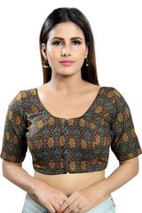 Green Cotton Blend Front Open Padded Elbow Sleeves Saree Blouse