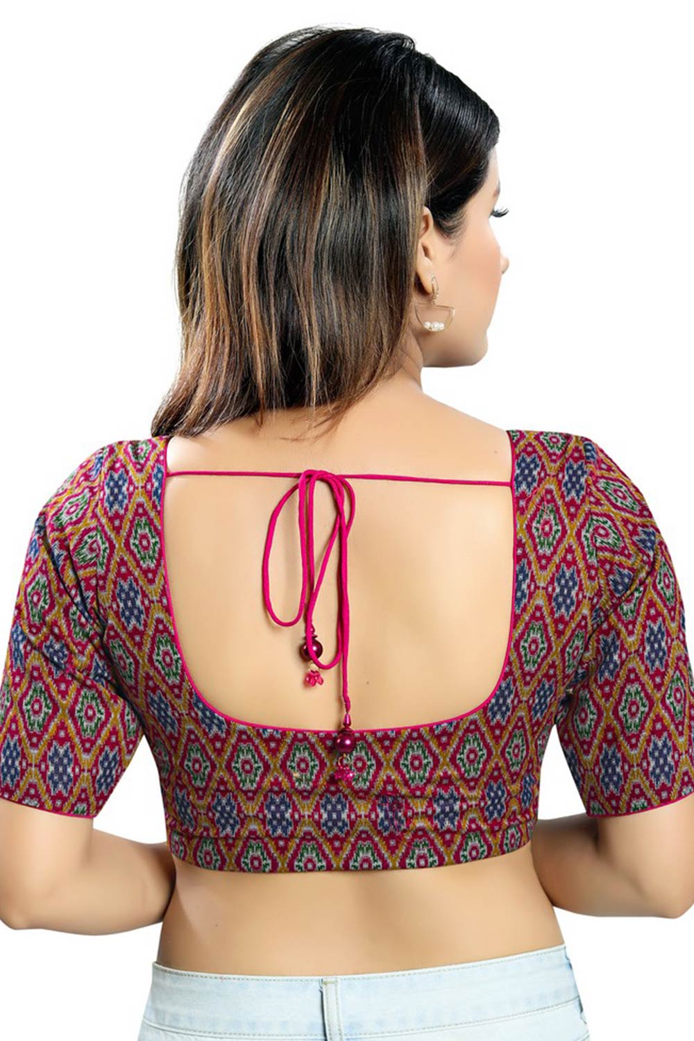 Magenta Cotton Blend Front Open Padded Elbow Sleeves Saree Blouse