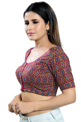 Magenta Cotton Blend Front Open Padded Elbow Sleeves Saree Blouse