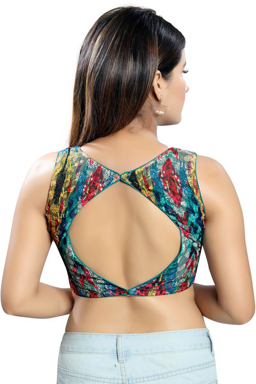 Rama Green Net Back Open Padded Sleeveless Saree Blouse