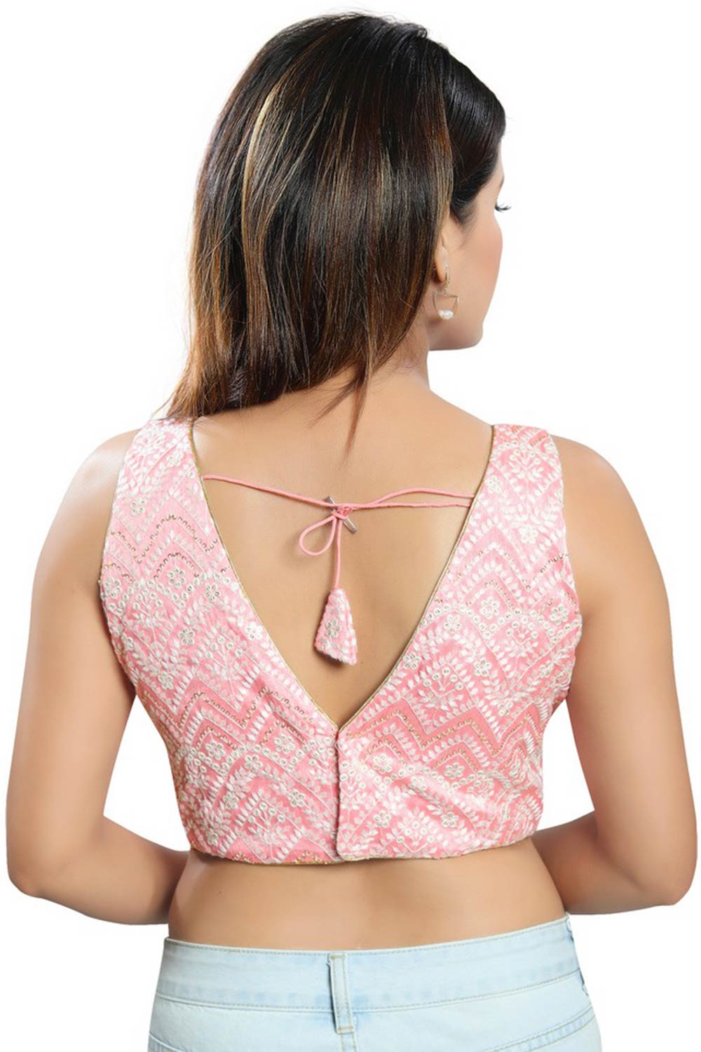 Baby Pink Art Silk Back Open Padded Sleeveless Saree Blouse